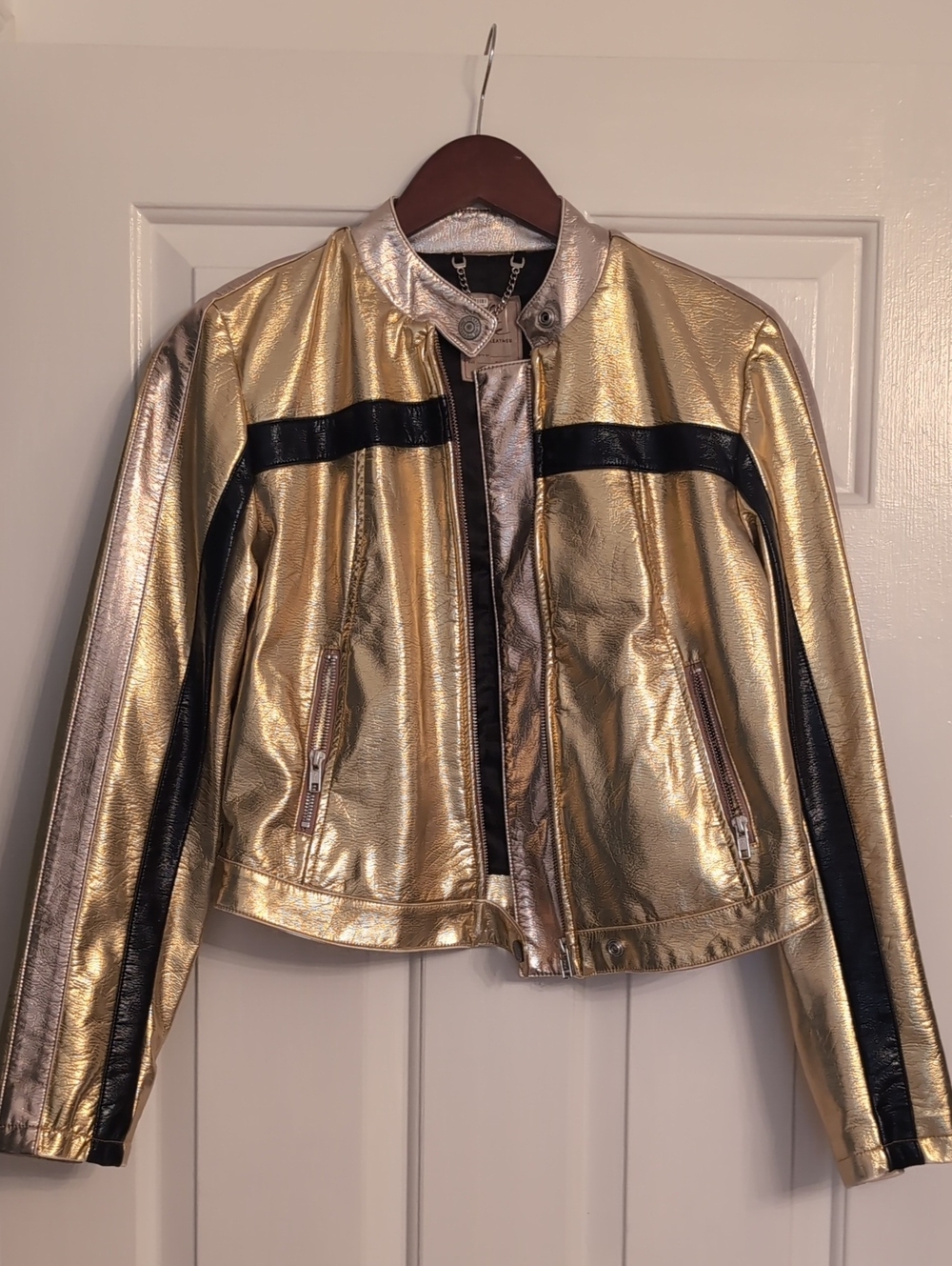 Free People Metallic Gold Leather Jacket with Black Stripes